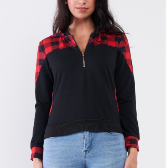 Tops - Buffalo Plaid Detachable Hood Zip Up Sweater Top